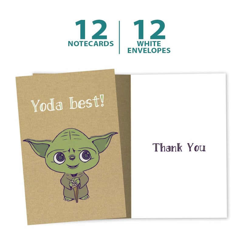 Tree-Free Greetings Yoda Best Thank You Cards - 12 Recycled 4x6 Cards & White Envelopes, Thick Cardstock, Sustainably Made in USA - Sci-Fi Cartoon Thanks - Image 5